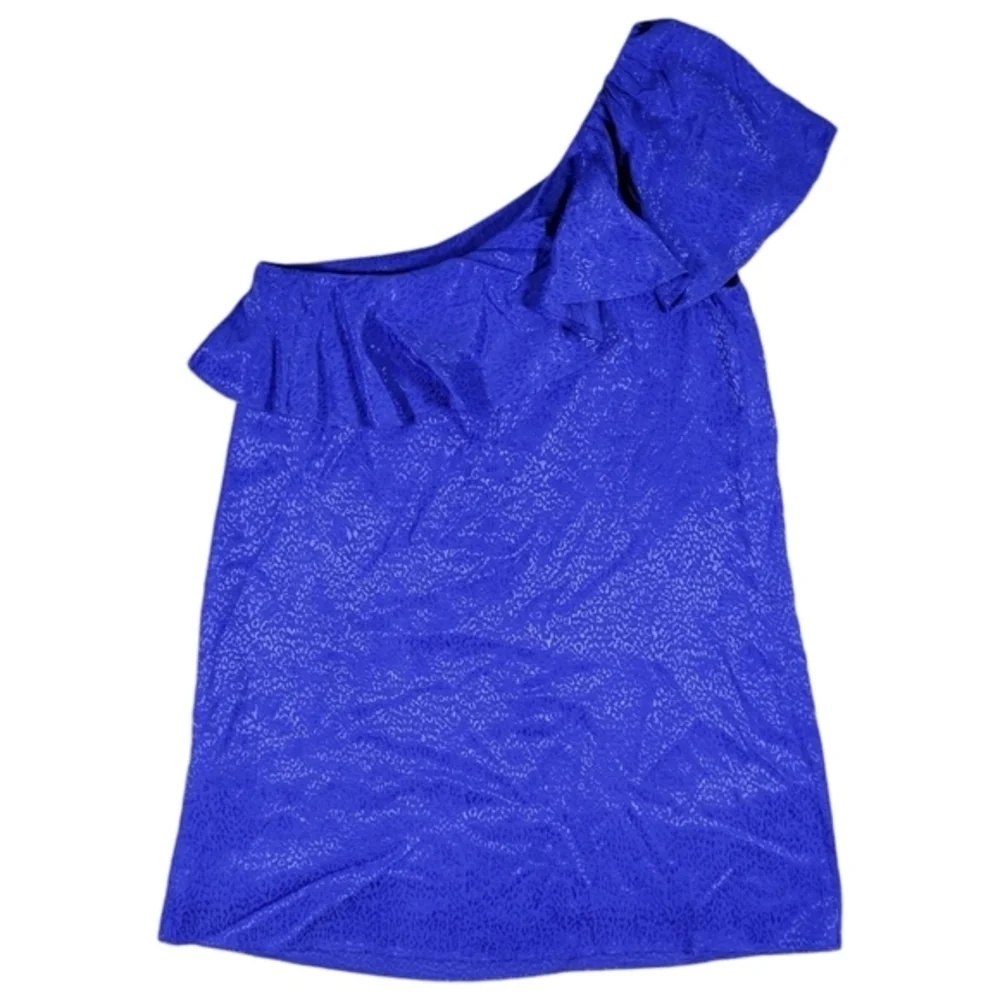 Anthropologie Mini Dress Womens 4 Petite Royal Blue Cheetah Ruffled One Shoulder